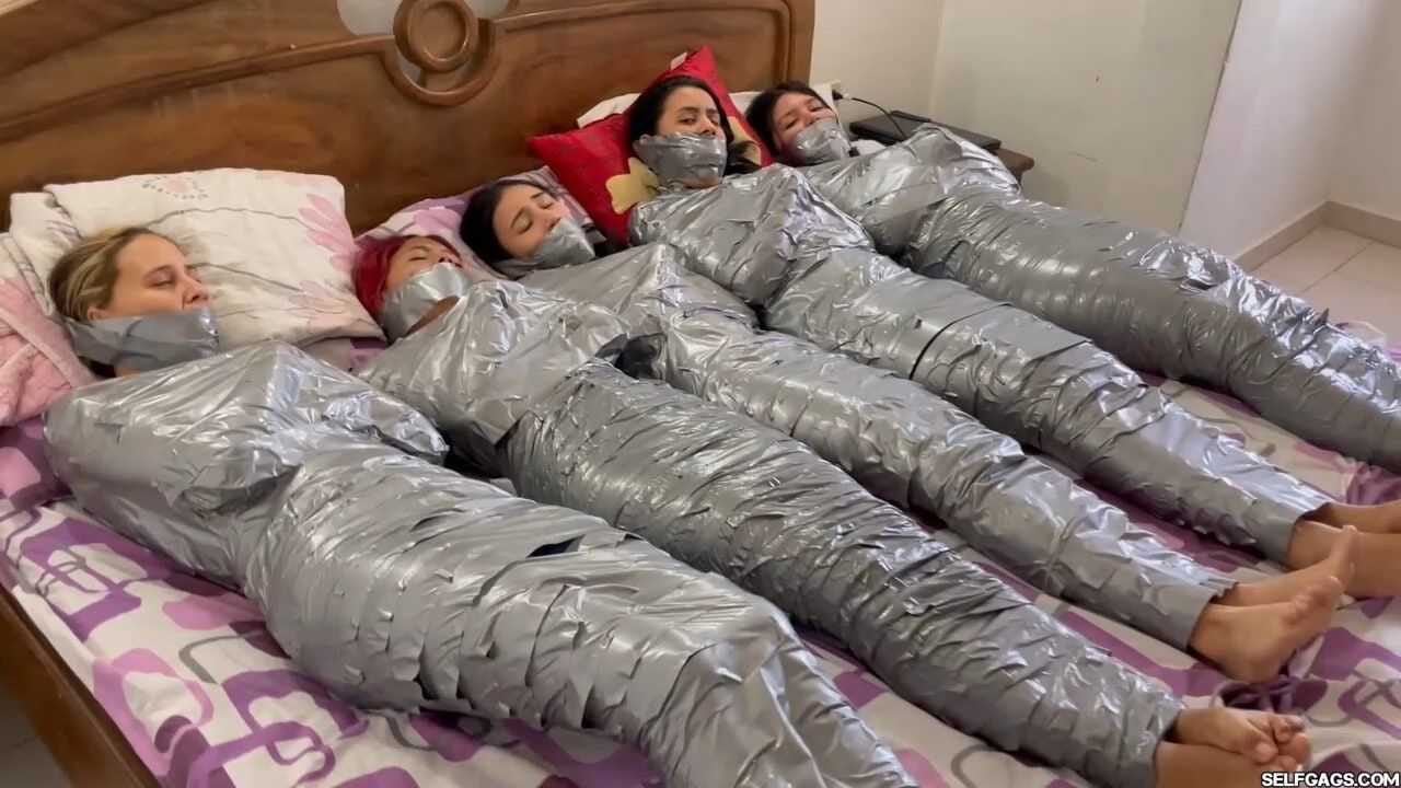 5 Mummified Girls Barefoot In Duct Tape Bondage #26