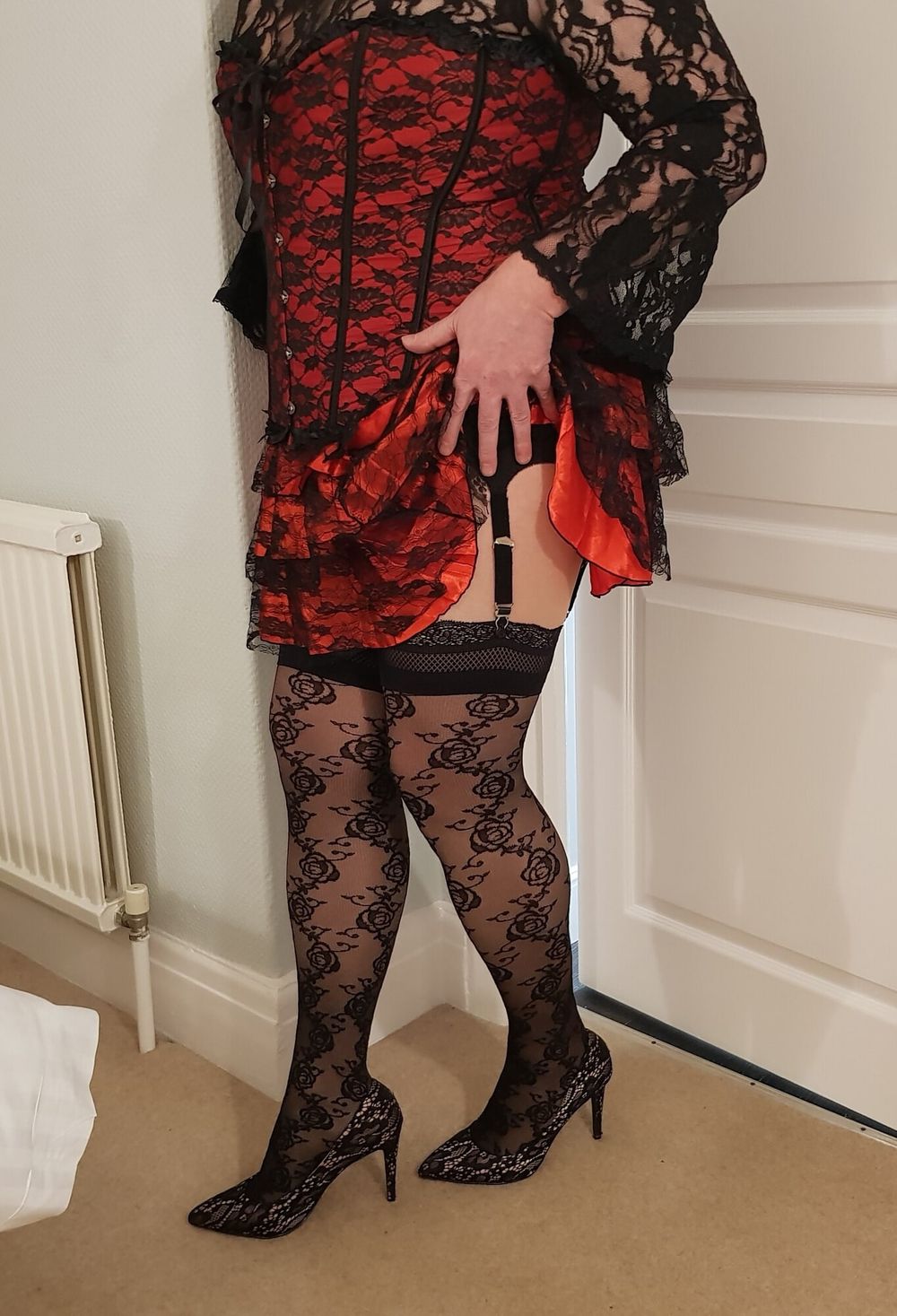 Crossdressing in floral lace lingerie, skirt and heels #5