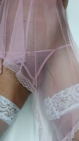 transparent pink nightie white stoking high heels         