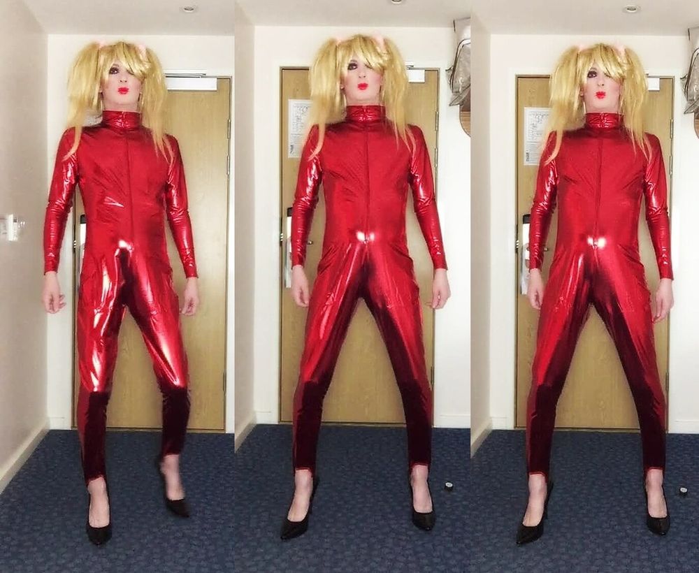 Sissy red shiny catsuit #25