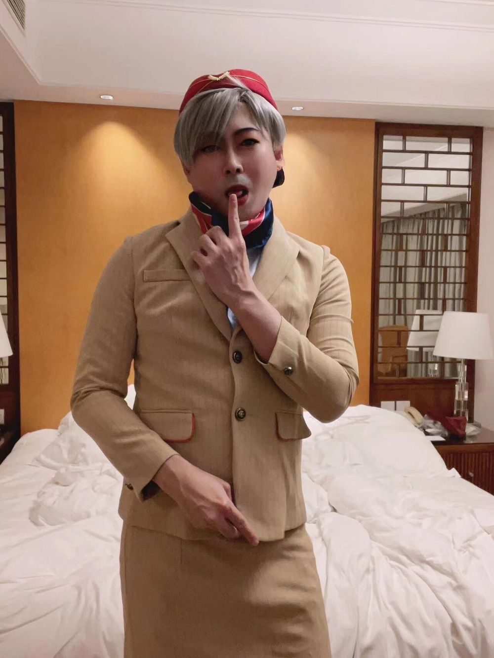 Asian femboy sissy in Emirates flight attendant dress #2