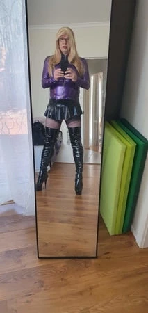 purple latex and long blonde         