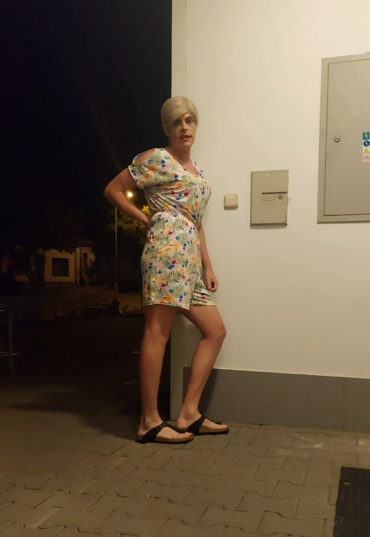 Teen chubby crossdresser outdoors.