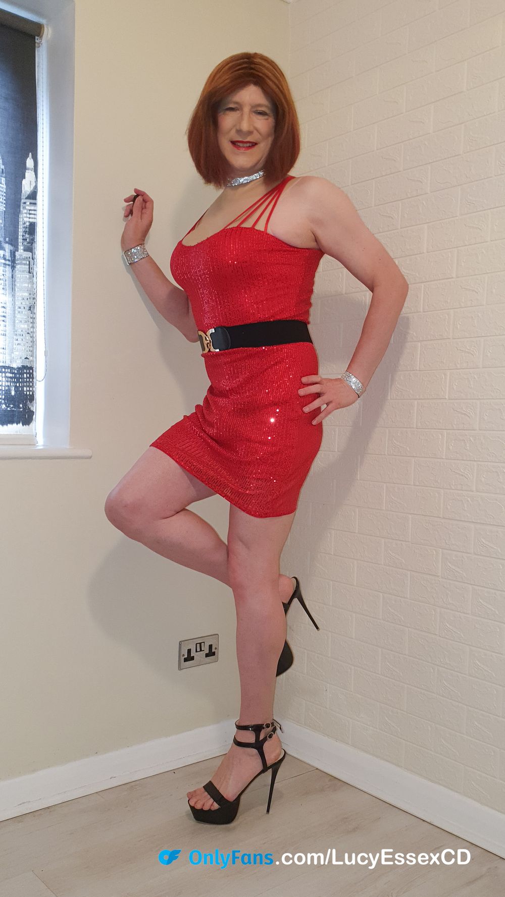 Sissy Lucy flashing my knickers and cock in red sequin dress