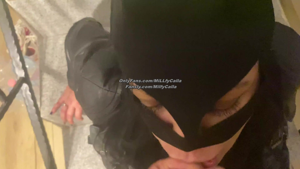 Batman Mask Blowjob on the Stairs – Cum on My Mouth & Mask #33