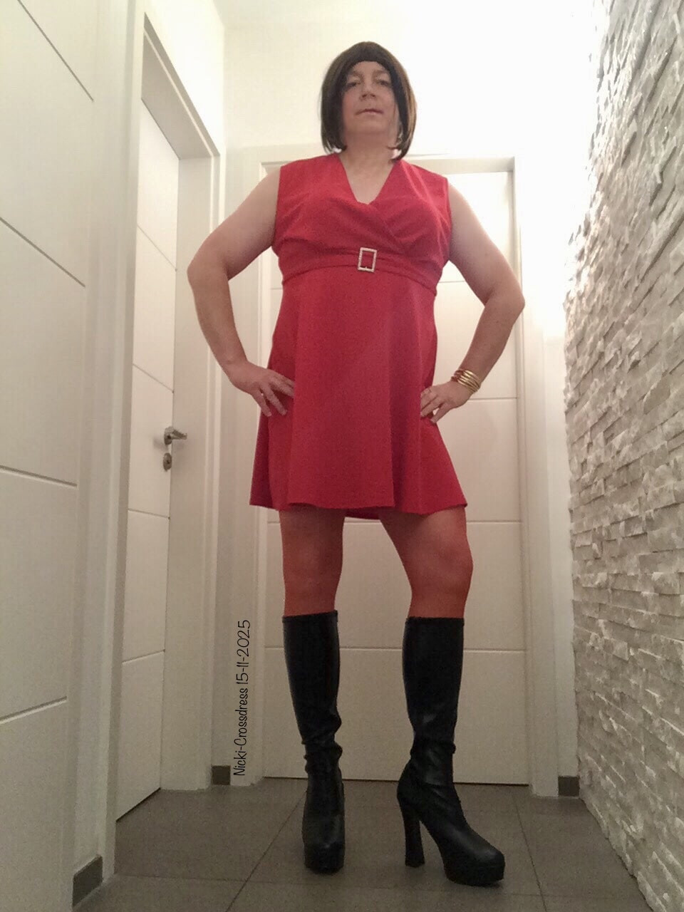 Nicki-Crossdress Lady in Red - Dress, Boots, Stockings  #5