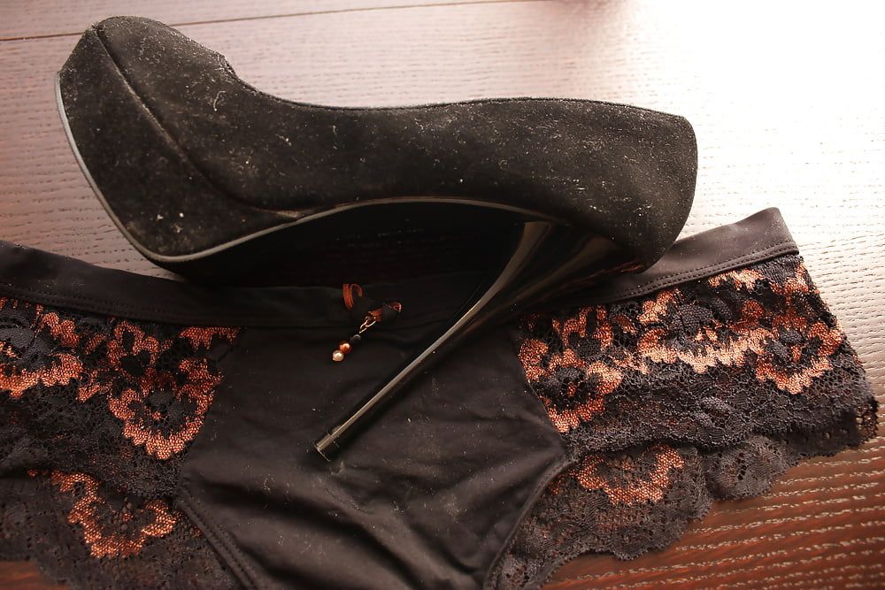 All black:heels, panties, suspenders, stockings, dress, cum #29