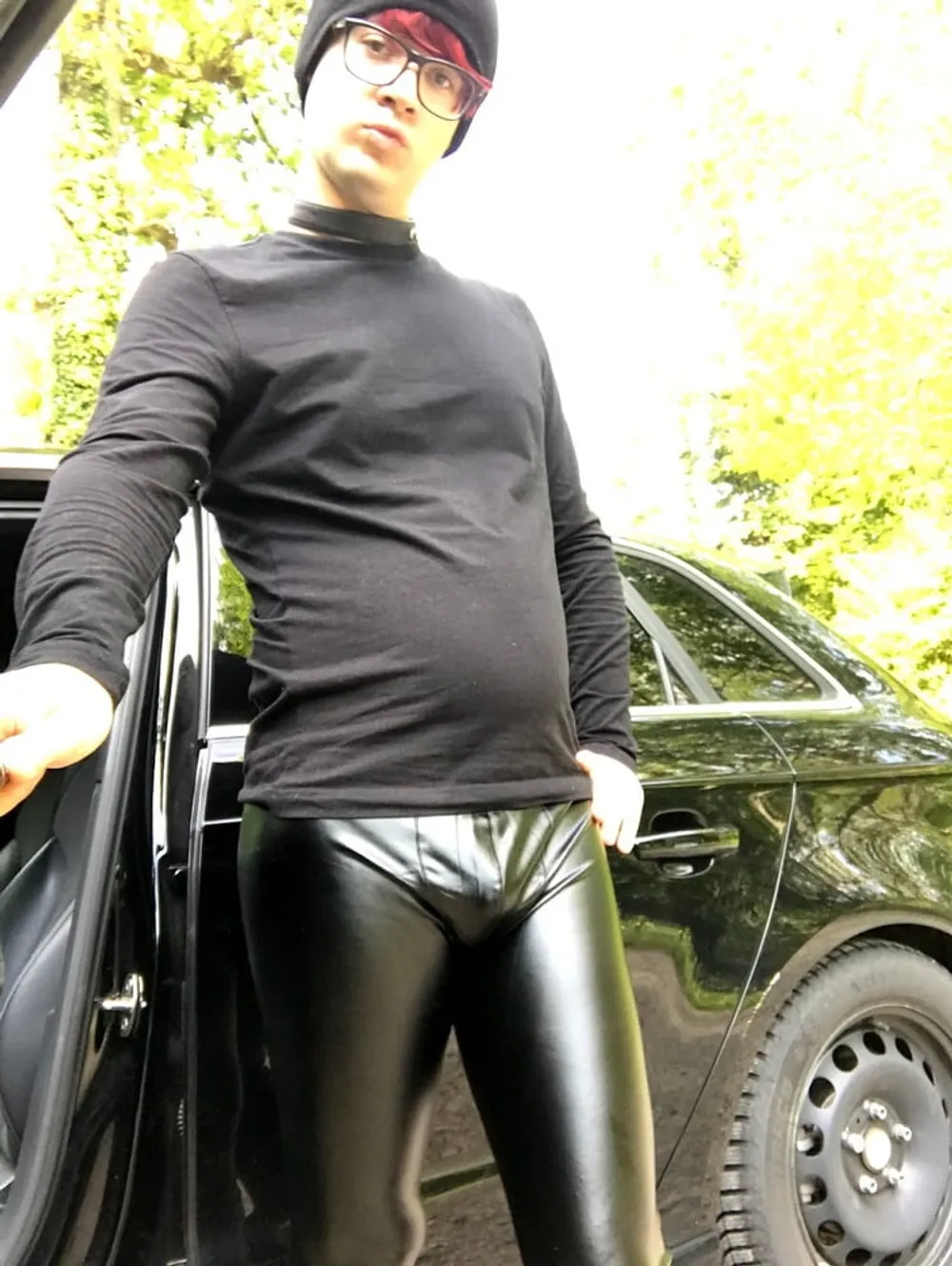 Young twink faggot sissy boy with leather leggings and thong #3