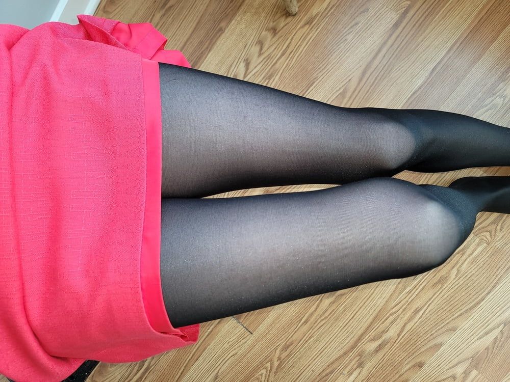 Pink pencil skirt with black pantyhose  #33
