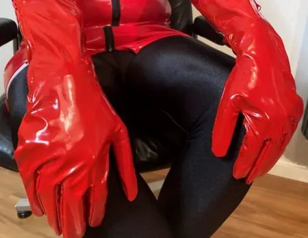 black spandex leggings and red high heel mules         