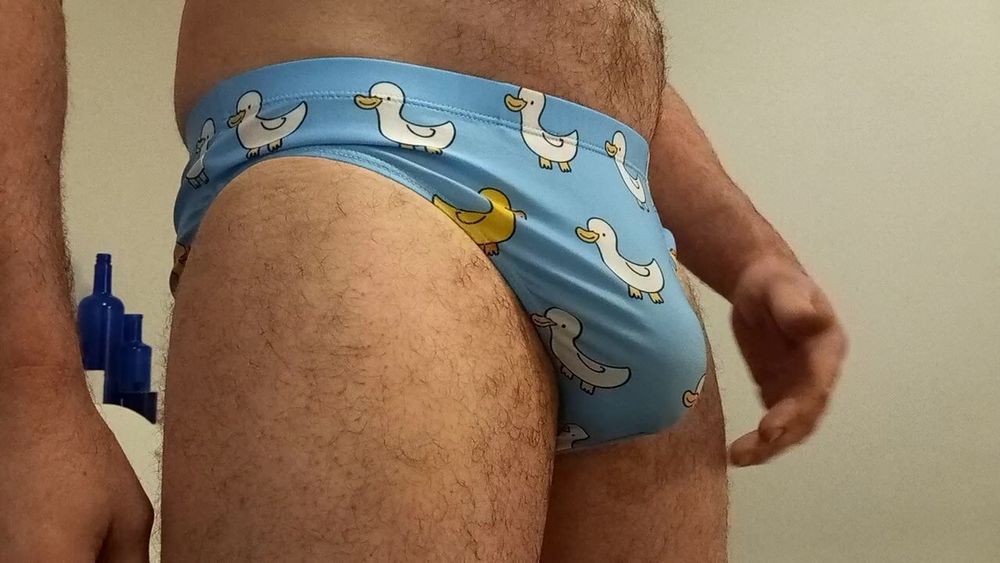 Small penis bulge cum in cute duck speedo, brief, trunks.