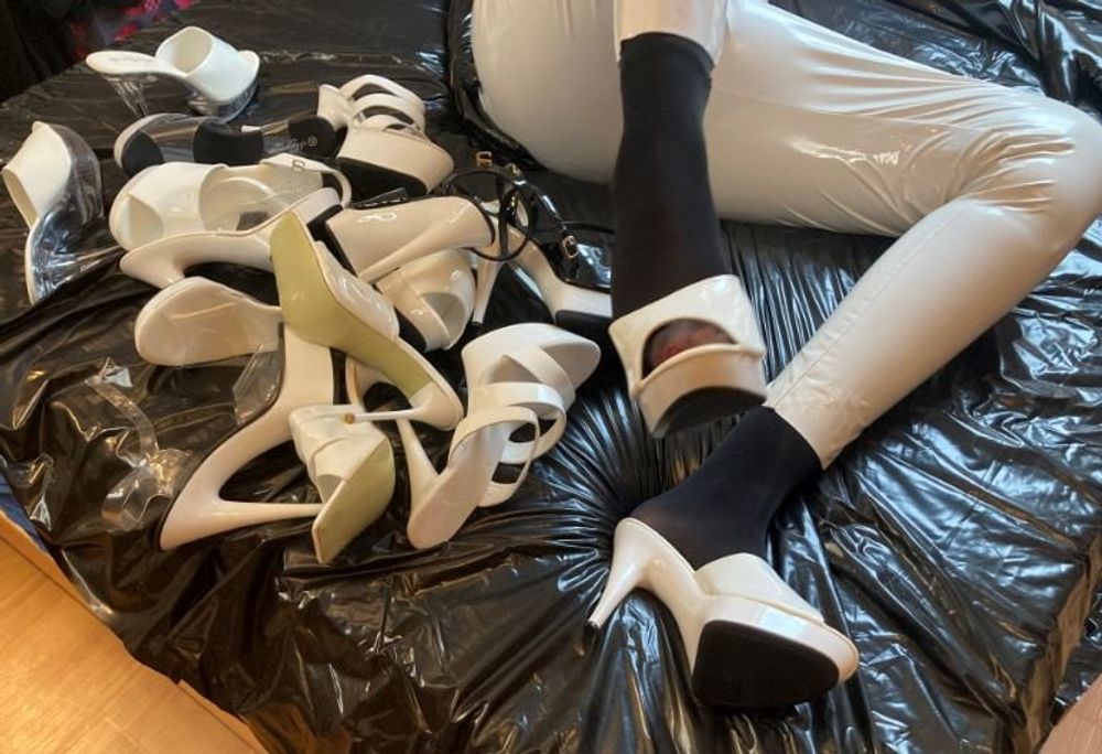 White Heels, White Leggings, Black Nylons #27