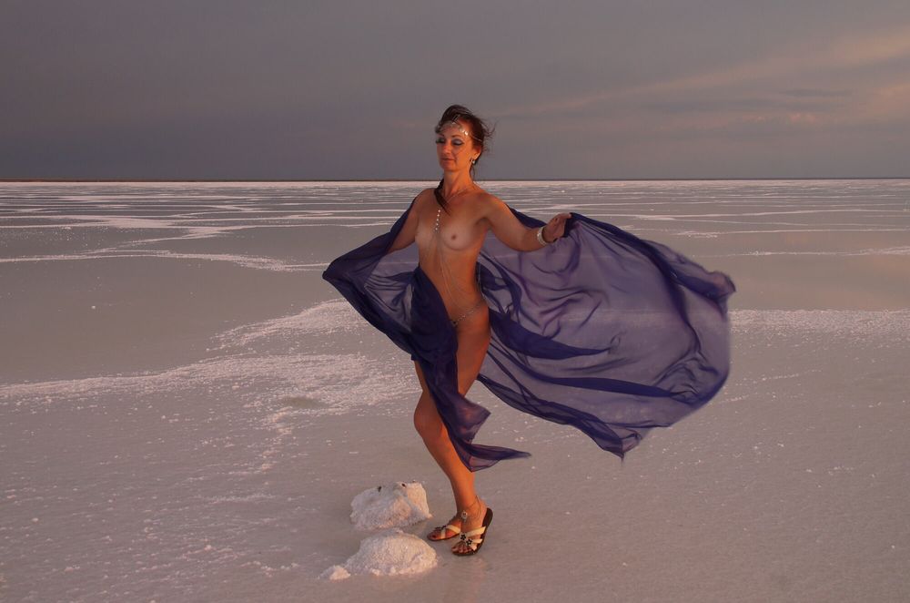 On Sunset-Light with DeepBlue Shawl on Salt- Lake #33