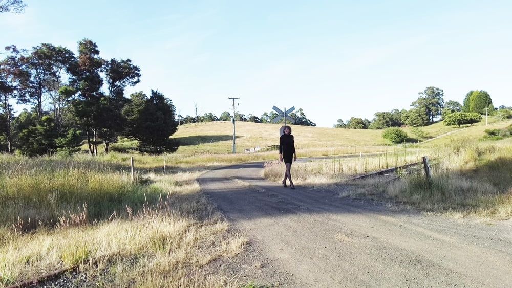 Crossdress Road trip- Rural road -Black Dress #2