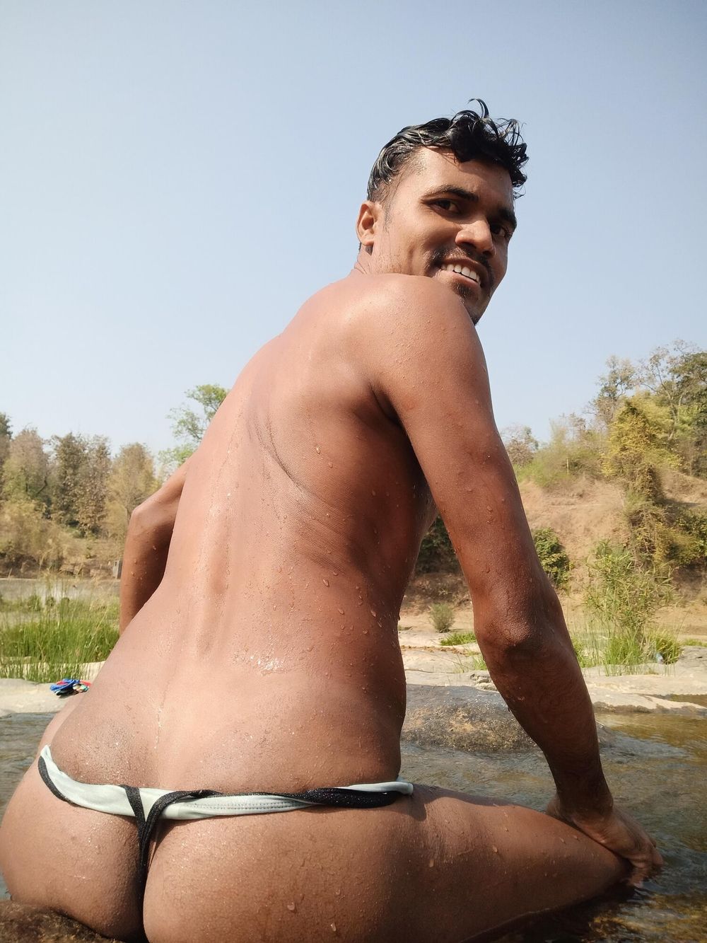 Hot muscular gym boy outdoor in river bathing enjoying swimm #13