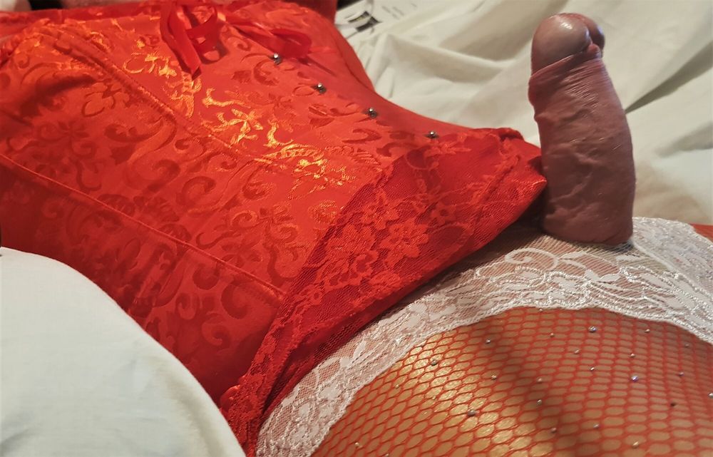 Crossdressing in red and white lingerie #10