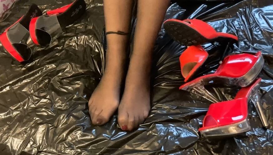Red Mules and Nylon Feet #16