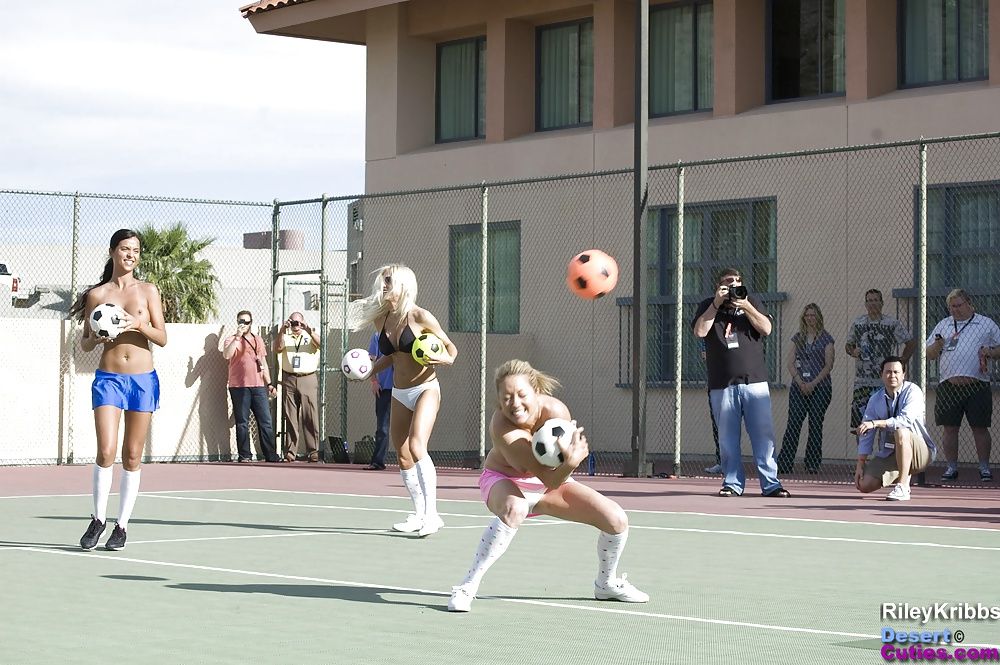 Naked girls playing dodgeball outdoors #43