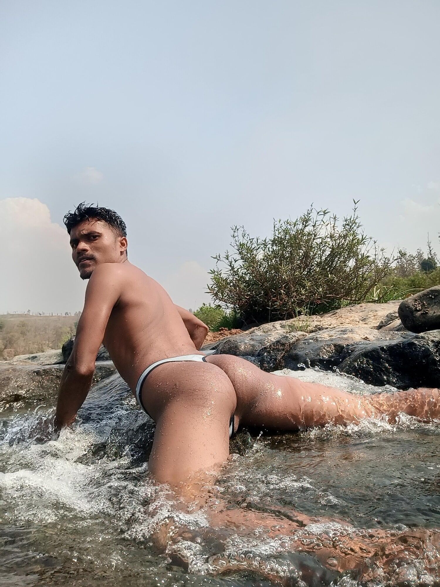 Hot muscular gym boy outdoor in river bathing enjoying swimm #31