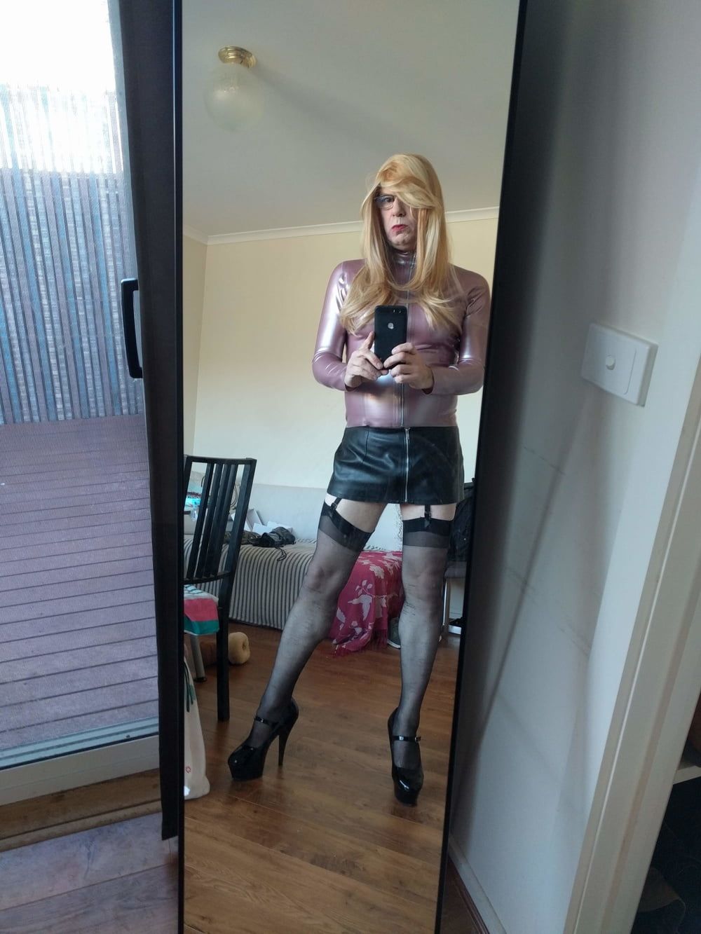 Rose latex top , long blonde full body shots #3