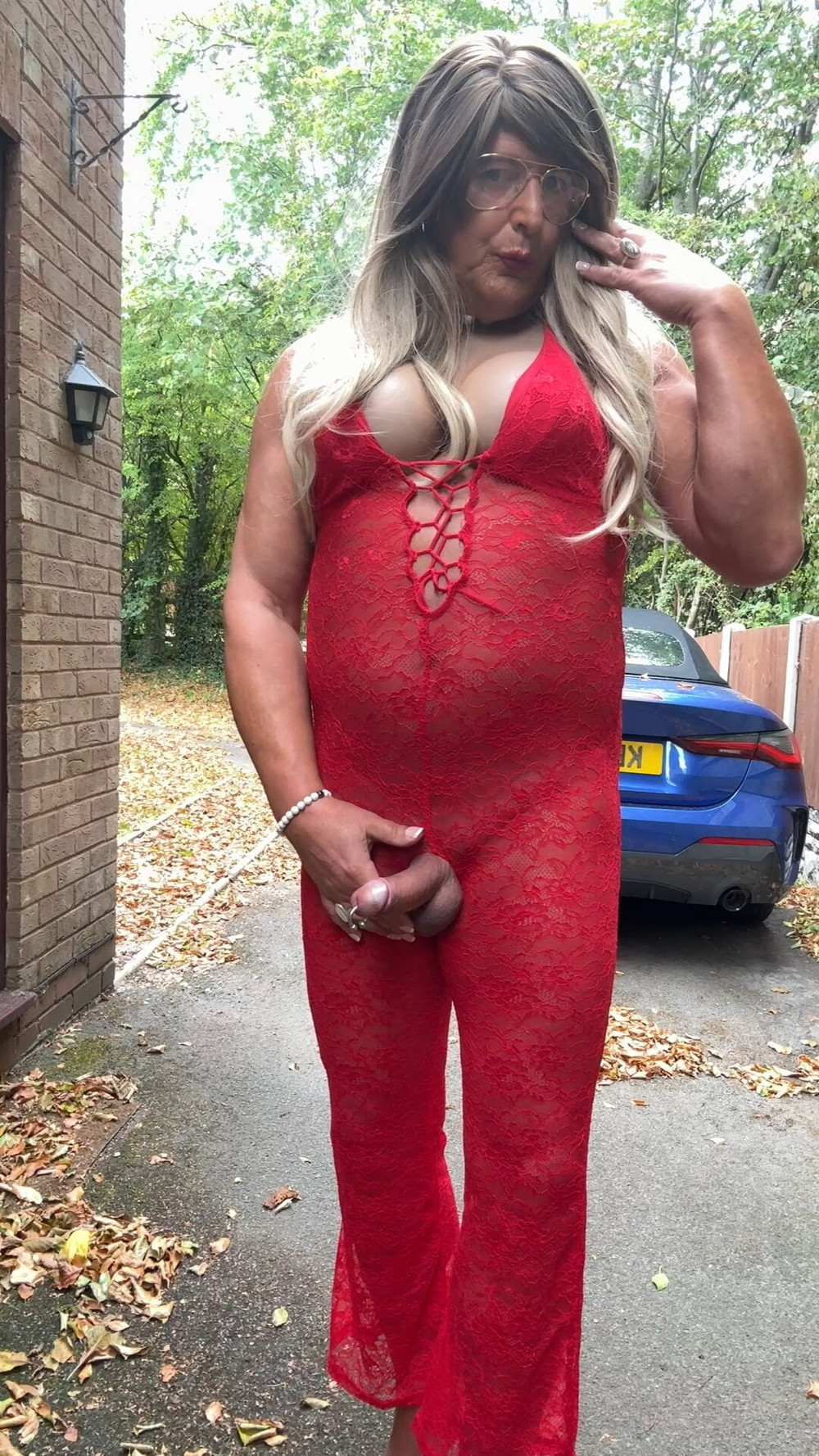 Sexy Crossdresser kellycd2022 in red lace jumpsuit and heels #35