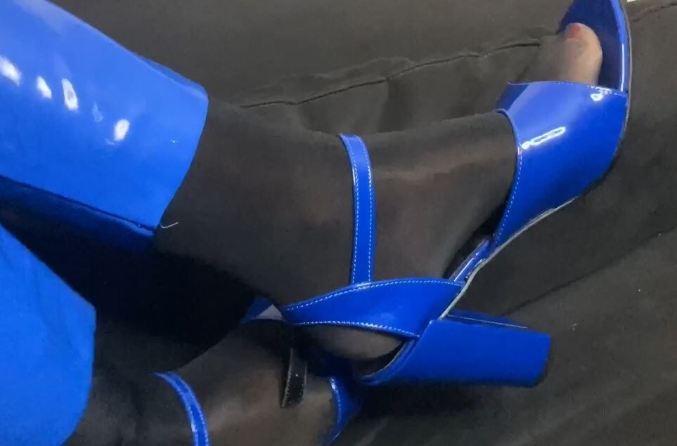 Blue Heels, Blue Leggings and Nylon Feet #11