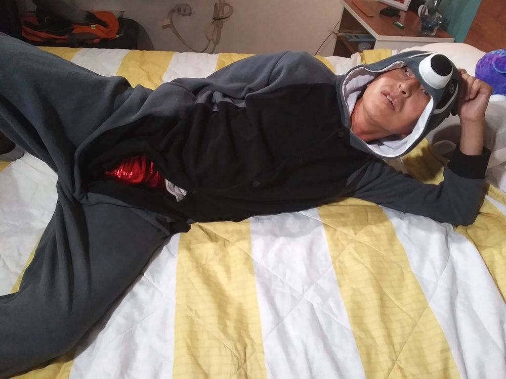 Hot asian boy wearing furry onesies and shiny undies #8