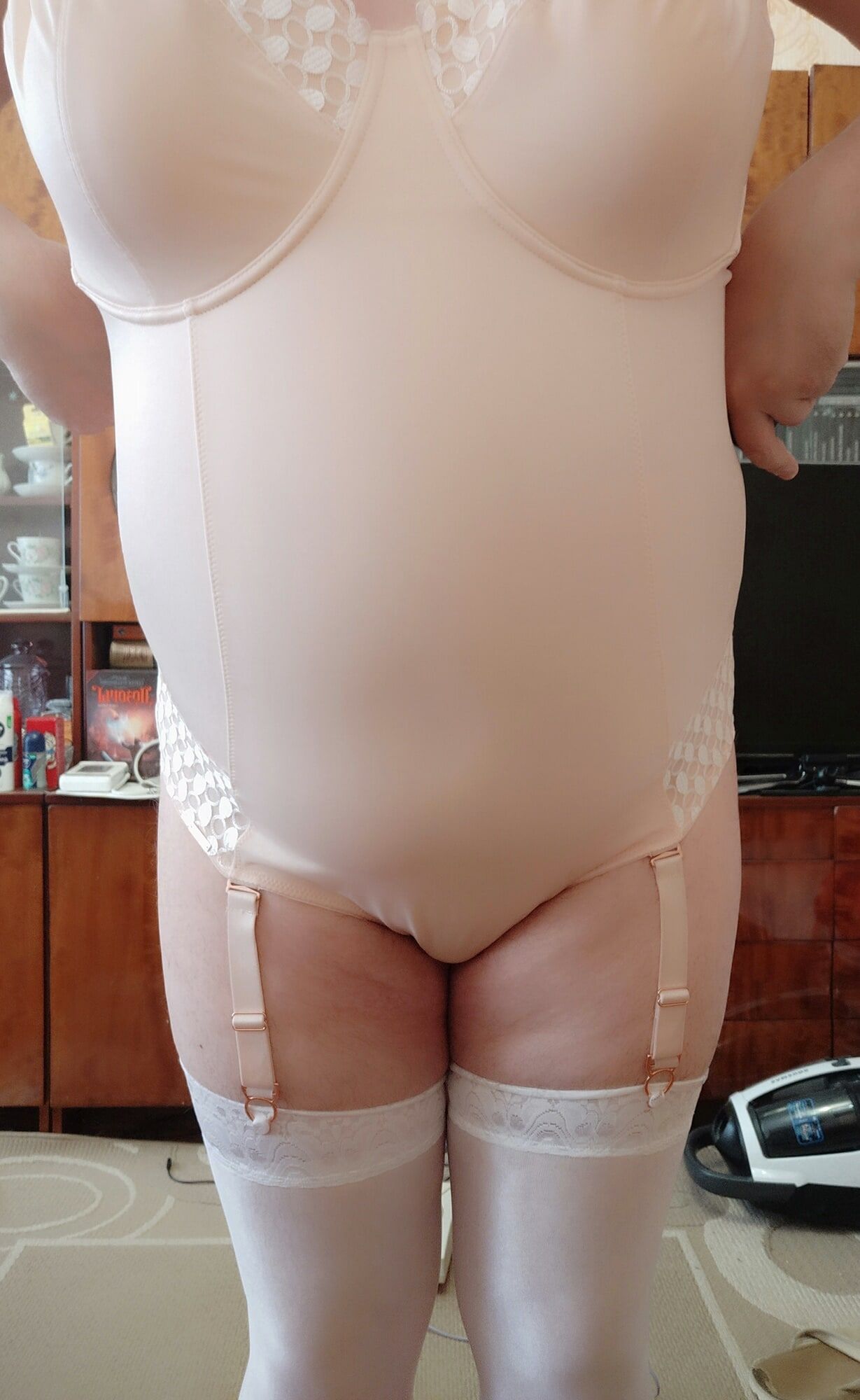 sissy Aleksa posing in new white bodysuit and stockings #8