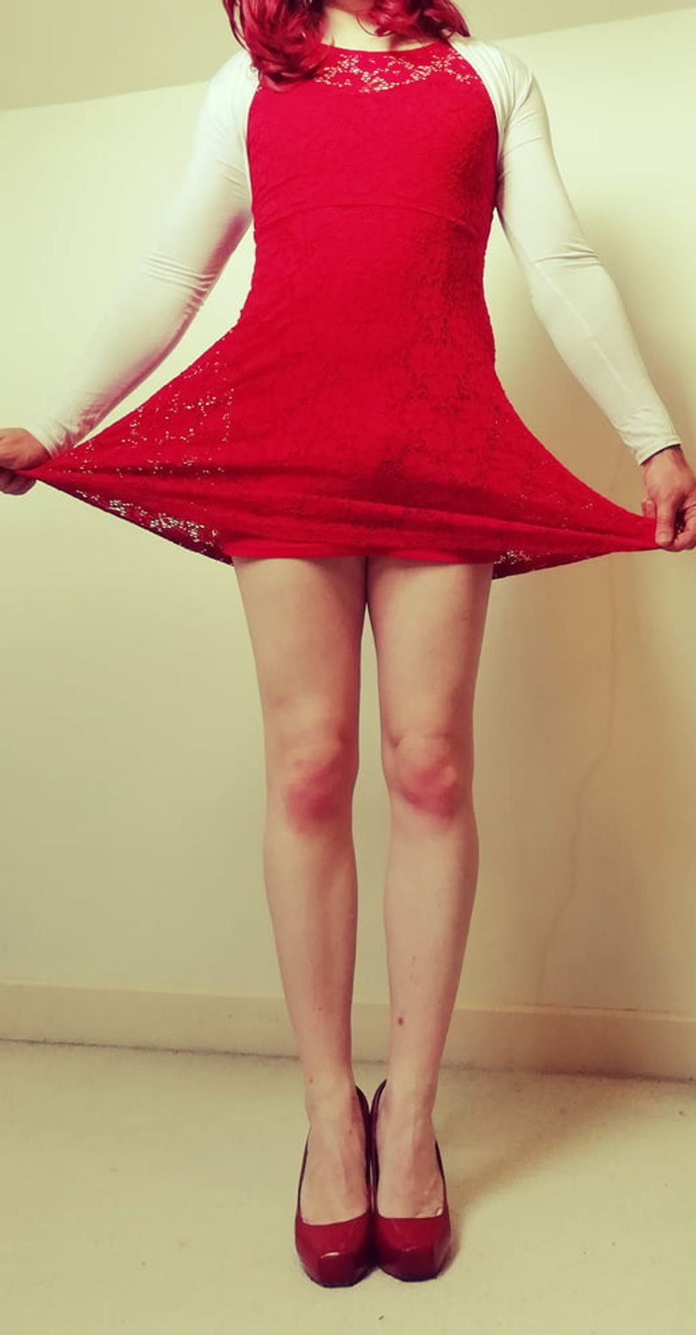 Marie crossdresser in red dress and opaque tights