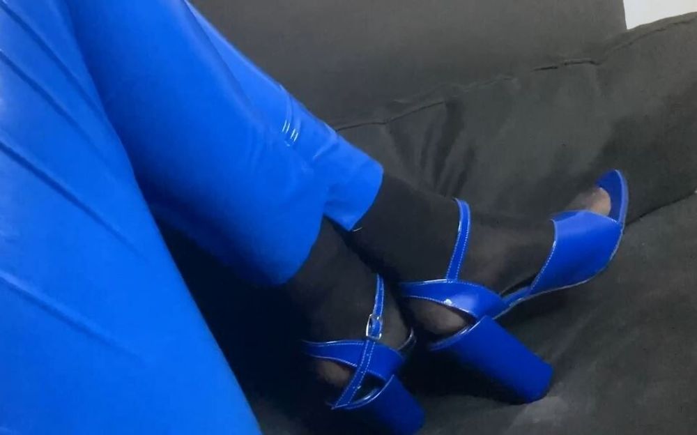 Blue Heels, Blue Leggings and Nylon Feet #11