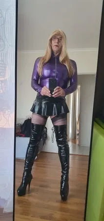 purple latex and long blonde         