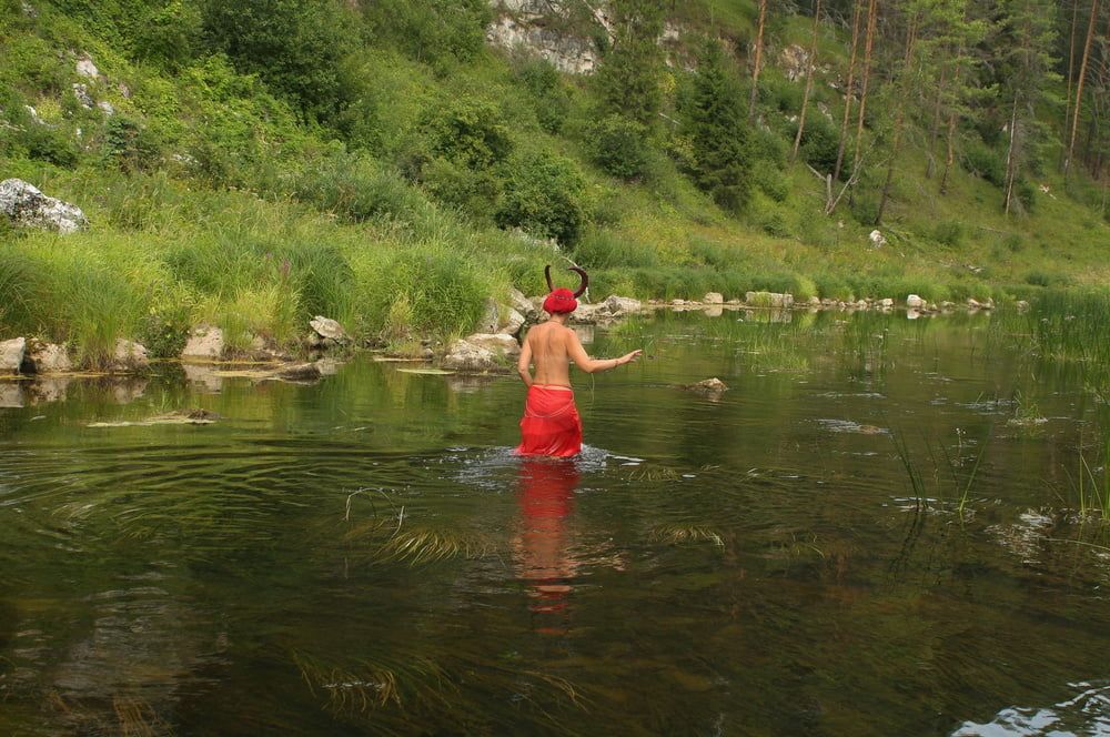 With Horns In Red Dress In Shallow River #8