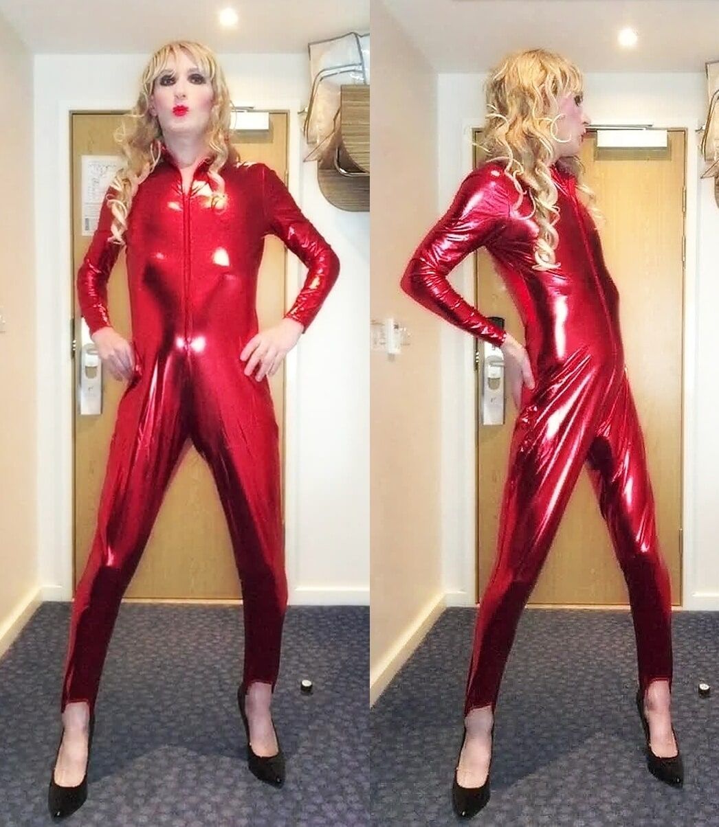 Sissy red shiny catsuit