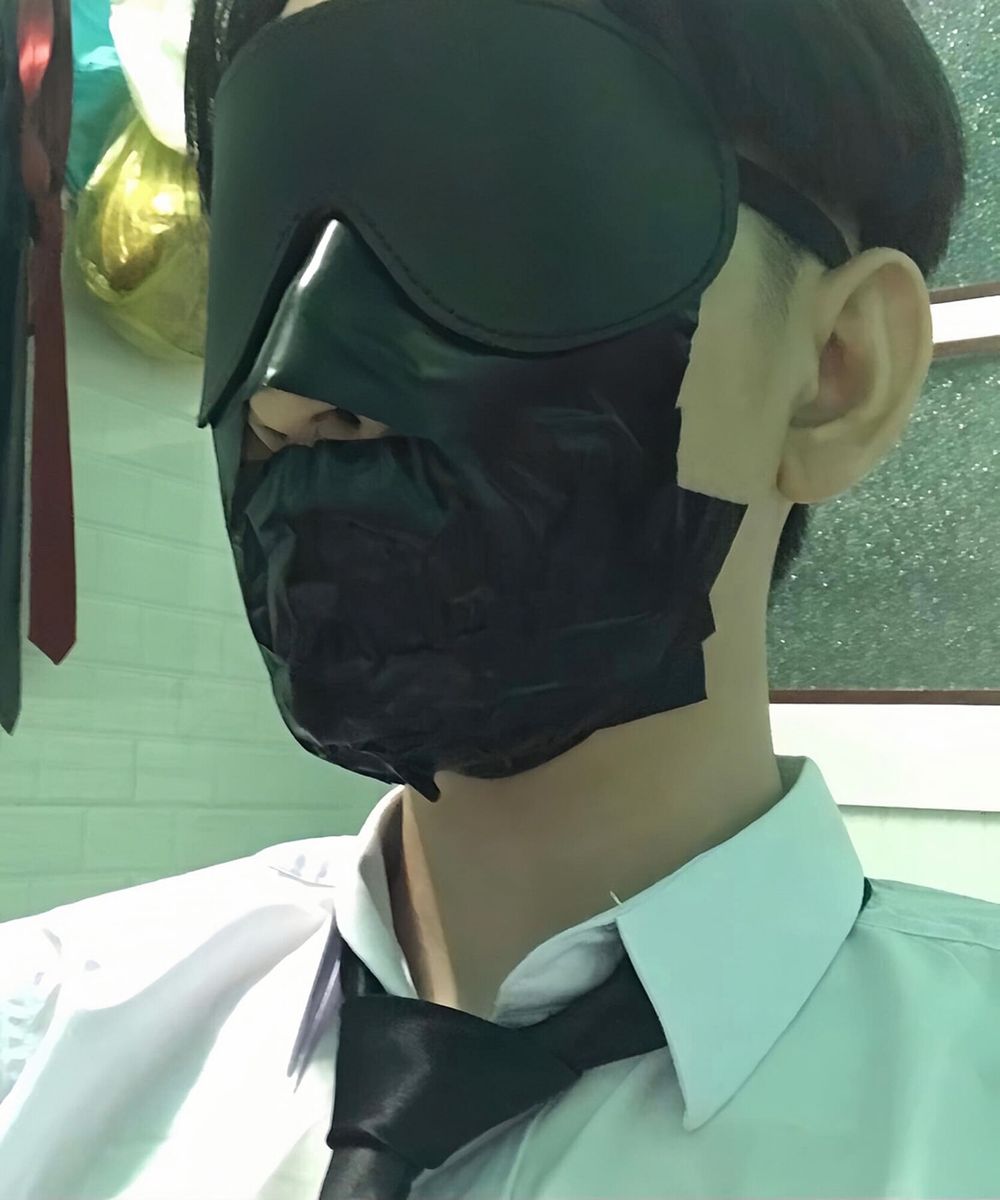 Wearing a white shirt and shiny black tie, gagged with duct  #7