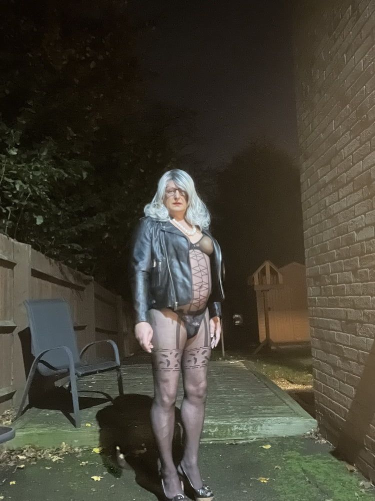 Crossdresser Kellycd masturbating in black bodysuit outdoor  #17