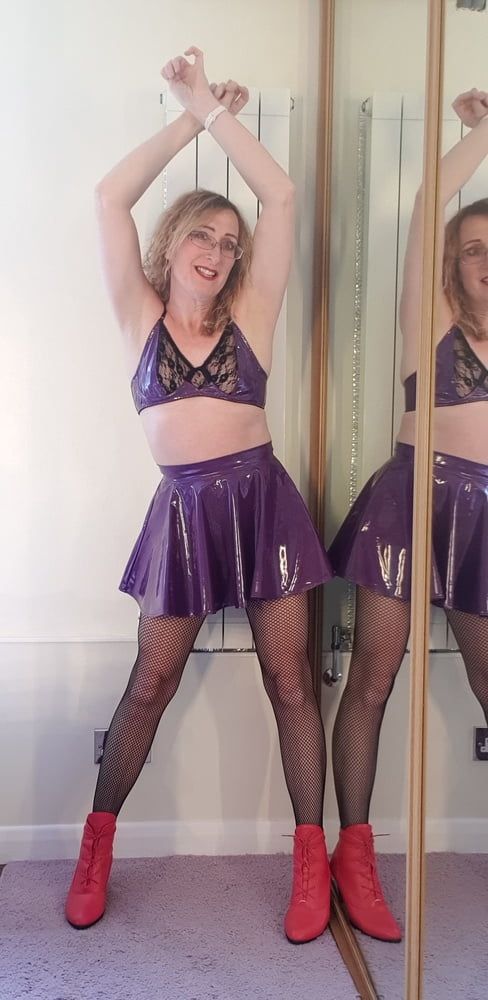 Purple Shiny PVC Skirt and Bra. Essex Girl Lisa. #6