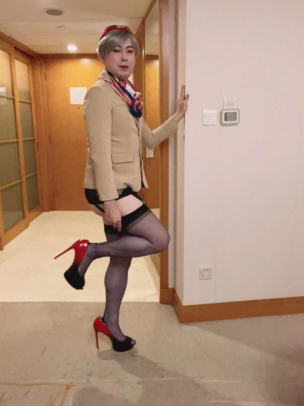 Asian femboy sissy in Emirates Cabin Crew dress(P2)