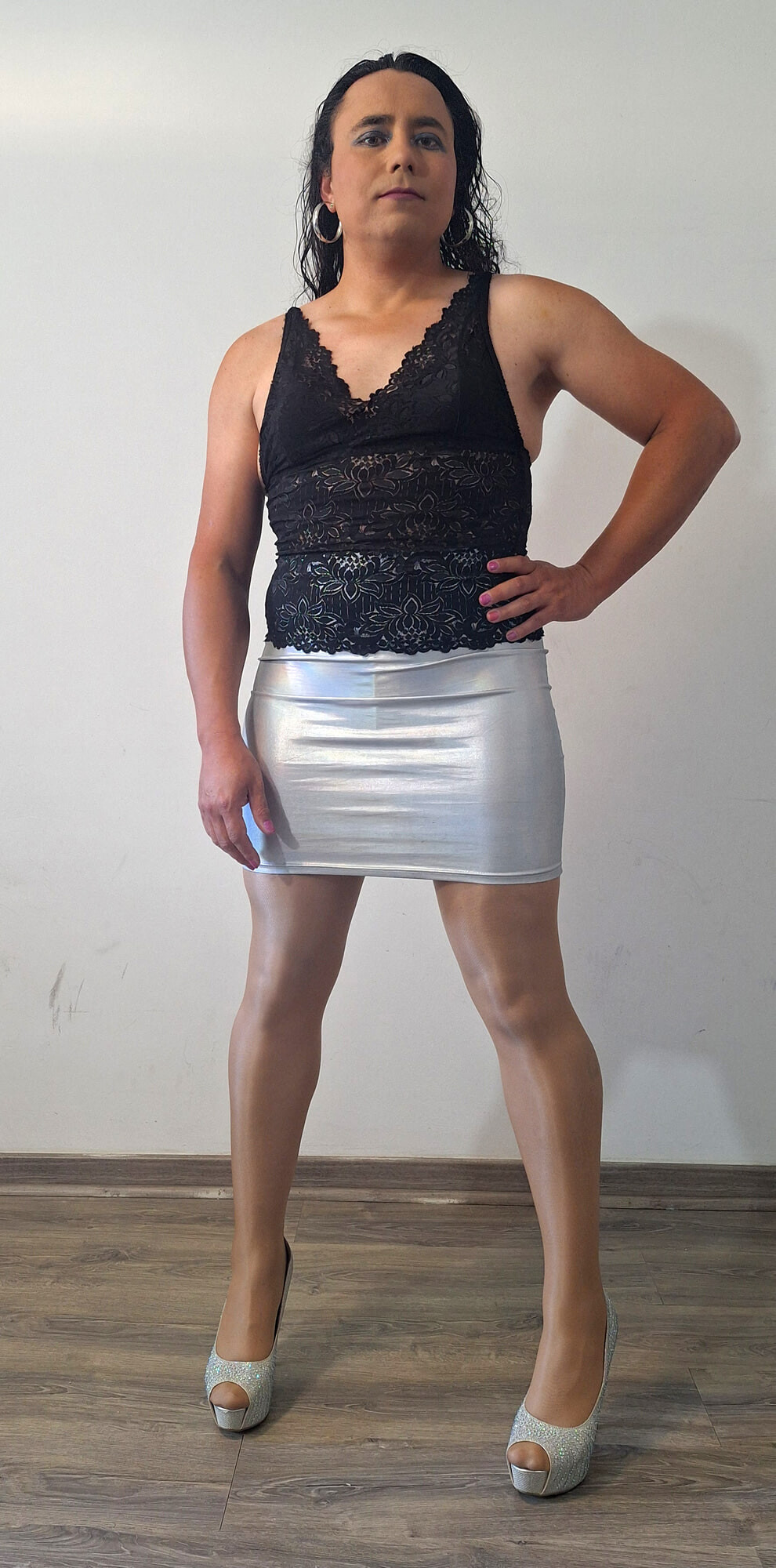 shiny miniskirt and high heels