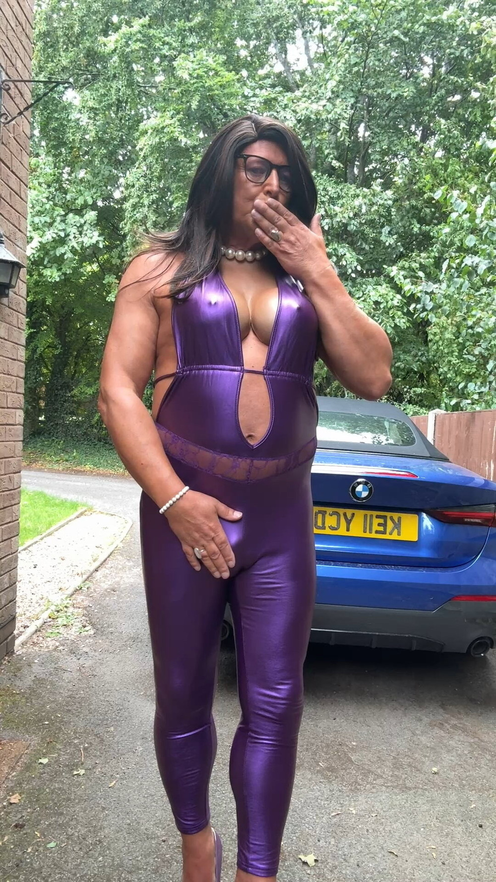 Sexy Crossdresser kellycd2022 in purple pvc catsuit and heel #30