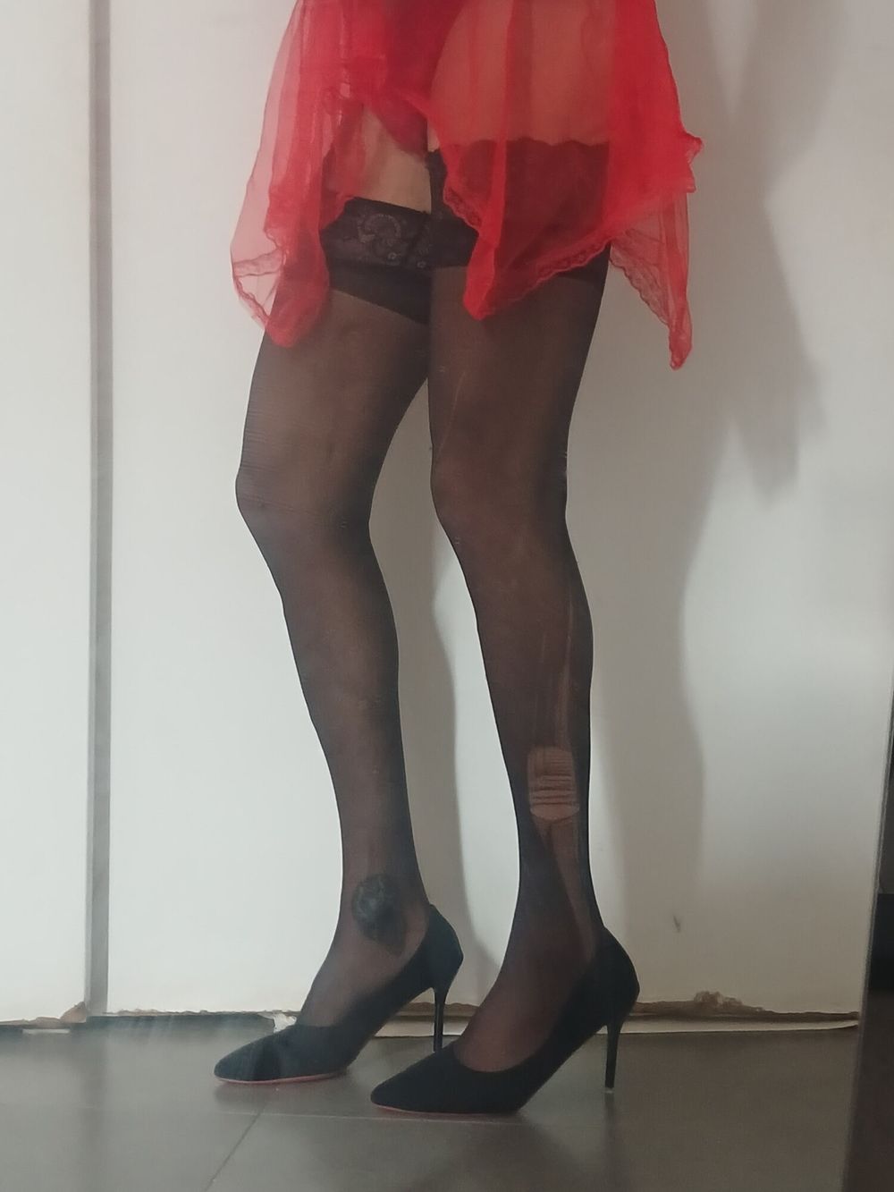 Red nightie black stoking high heels  #3