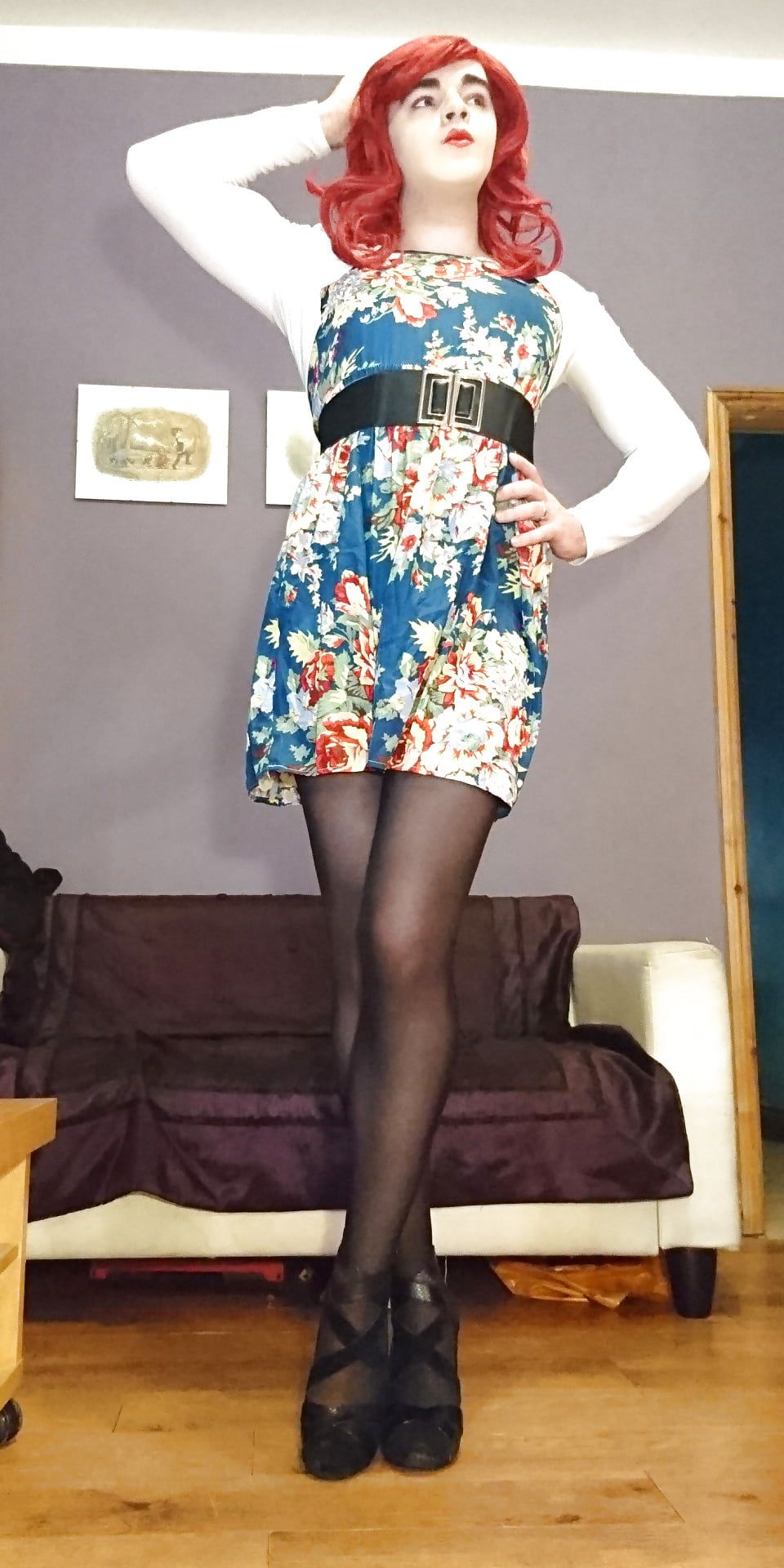 Marie crossdresser in opaque pantyhose and floral dress #8