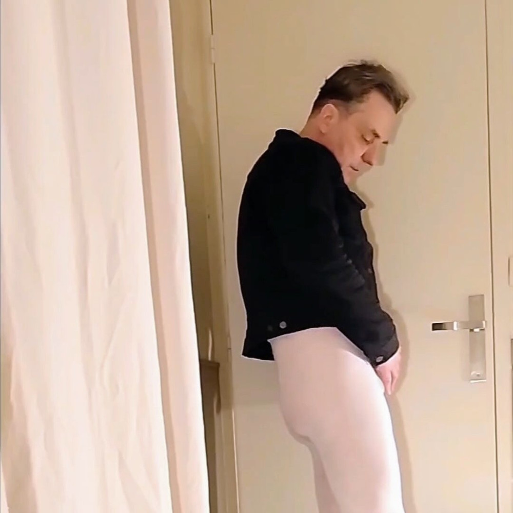Cock stroking and handjob in white open pantyhose #12