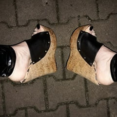 cork platform mules and latex leggings