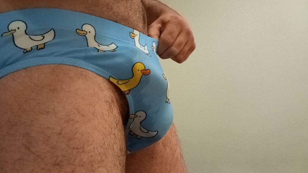 Small penis bulge cum in cute duck speedo, brief, trunks. #37