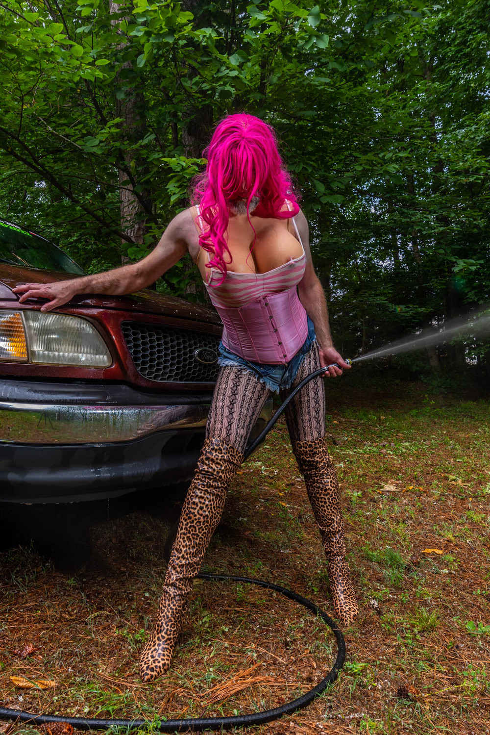 Gigantic fake tits crossdresser washing my truck in Daisy Du #21