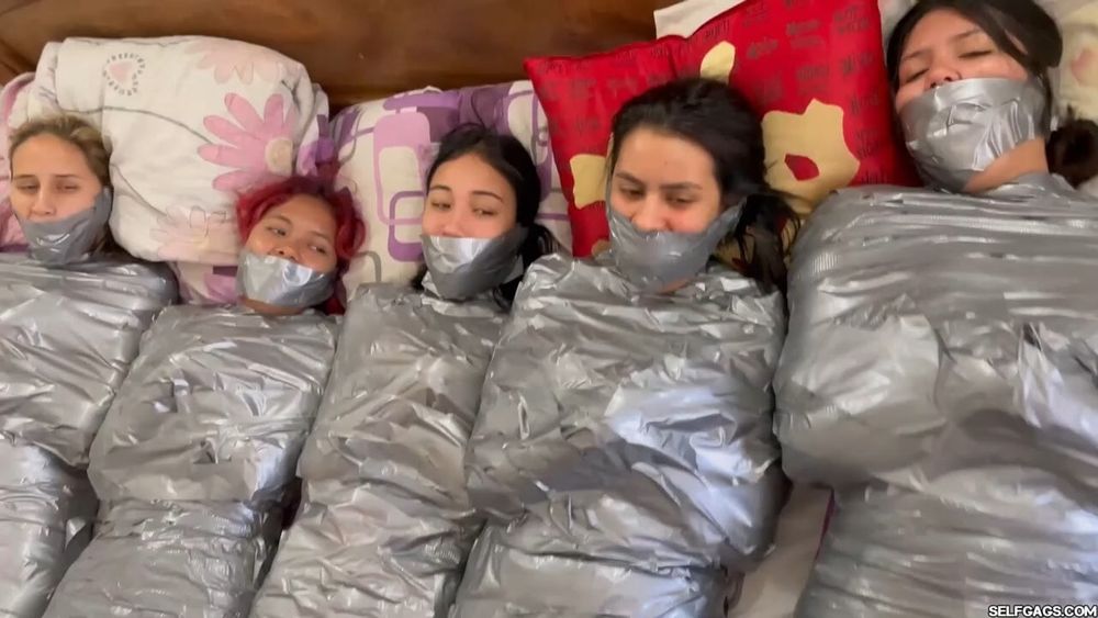 5 Mummified Girls Barefoot In Duct Tape Bondage #6