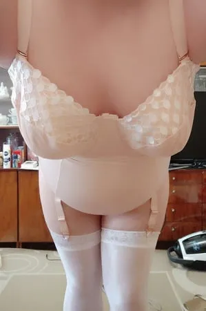 sissy aleksa posing in new white bodysuit and stockings         