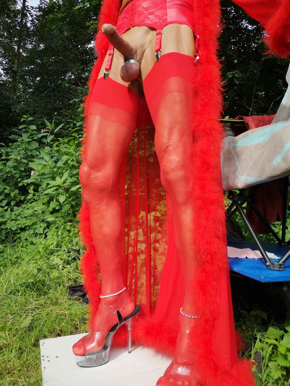 Crossdresser in red Lingerie at public Nudist Lake #34