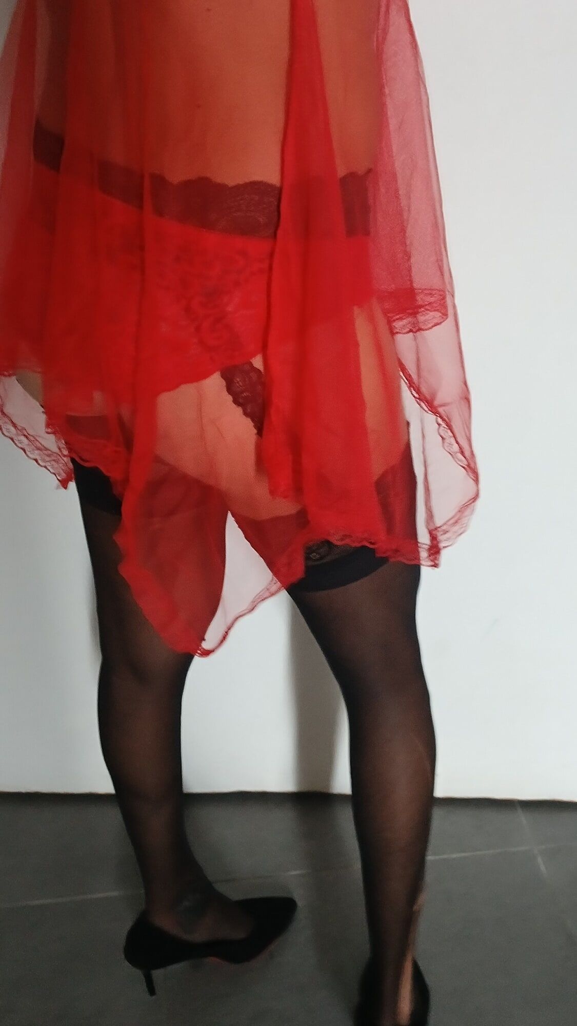Red nightie black stoking high heels  #12
