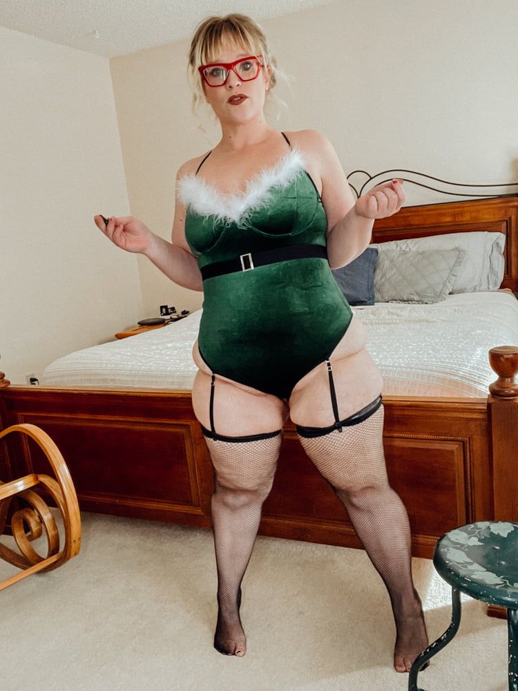 BBW Christmas Elf in Fishnet Thigh Highs and Heels #4